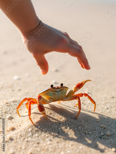 a fiddler crab on the sand raising an arm