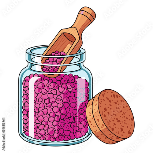 Pink bath salt in glass jar with wooden scoop, spa and wellness concept