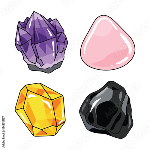 Colorful Cartoon Gemstones Illustration: Amethyst, Rose Quartz, Citrine, and Black Obsidian Set