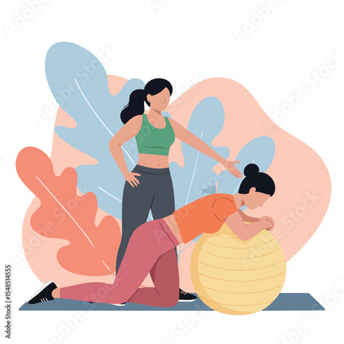 Fitness trainer coaching exercise with stability ball for woman in gym illustration