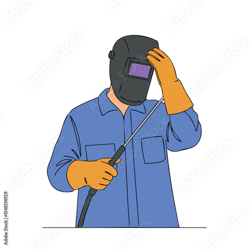 Welder in blue uniform wearing safety helmet and orange gloves holding welding tool vector illustration
