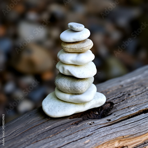A stack of white and gray rocks on a wooden log