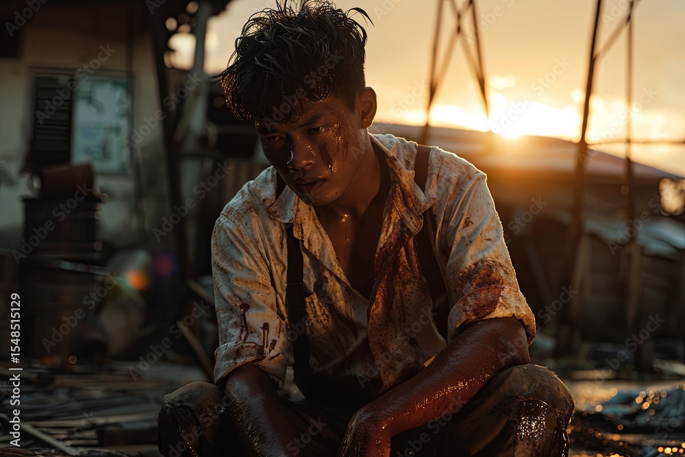 Obraz premium Emotional scene of a young man covered in dirt and blood at sunset, reflecting on his struggles in a challenging environment