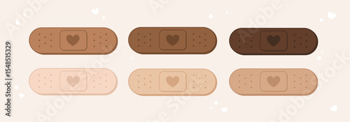 Cute skin tone bandaid vector illustrations. Inclusive cartoon graphic bandage set with hearts. Kids, pediatrics, healthcare, medical industry adhesive plaster. Isolated elements.