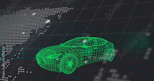 Displaying wireframe sports car model rotating on gray grid, with world map overlay, glowing nodes