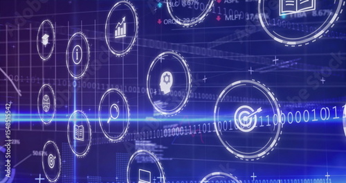 Displaying circular icons moving across blue interface backdrop, with binary grid and light beam