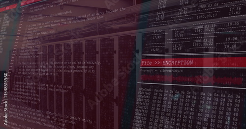 Running FileENCRYPTION banner over server racks with code overlay, hex dump, waveform, copy space