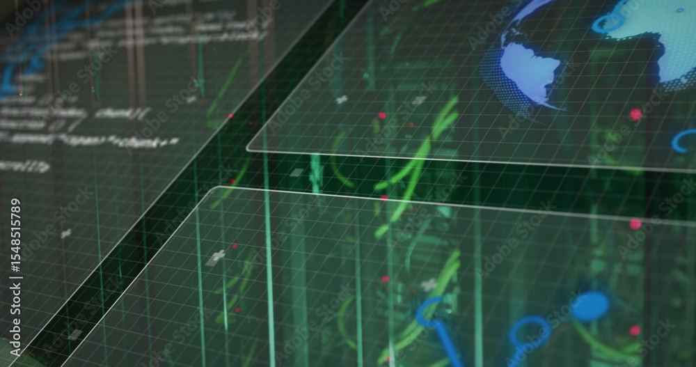 Obraz premium Displaying interface overlaying grid planes with scrolling code, neon circuits, red nodes