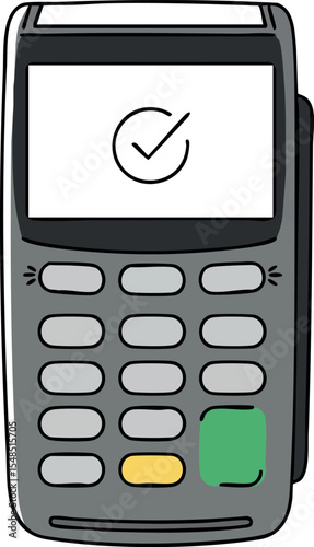 Payment Terminal Device with Checkmark on Screen Vector Illustration in Grey and Green Colors