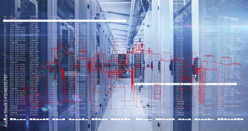 Walking technician navigating aisle between server racks, with floating data and schematic overlays