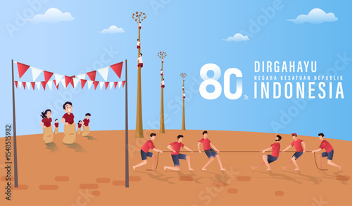 Translation : Happy Independence Day of Indonesia Vector Illustration. Suitable for Template Poster Banner Design.