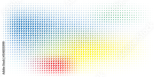 Colorful abstract pattern featuring triangular shapes arranged in a gradient, blending warm and cool tones, creating a dynamic and modern geometrical background.