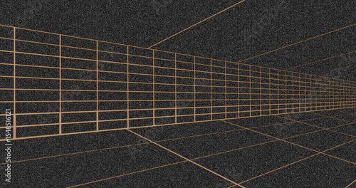 Displaying perspective wireframe corridor receding in virtual 3D space, with orange grid lines