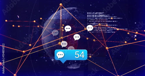 Featuring blue chat-bubble counter atop dotted globe in network with code, orange lines, chat icons