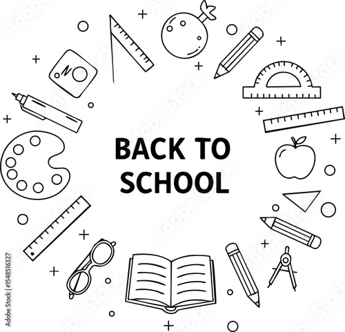 Back to school education supplies pencil ruler apple open book vector illustration circle