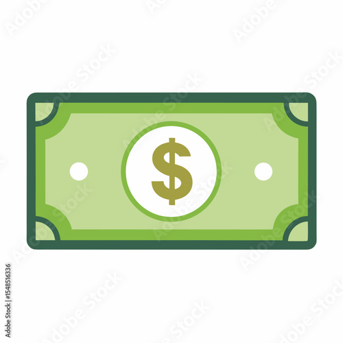 Vector illustration of a green dollar bill with a dollar sign in the center representing money finance wealth and economic concepts in a simple and