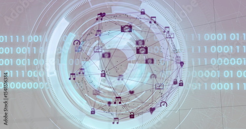 Floating 3D sphere connecting icons on UI, with padlock, camera, music, envelope, pin, headset