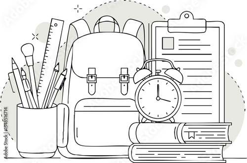 School supplies with backpack clock books and clipboard vector illustration for education concept