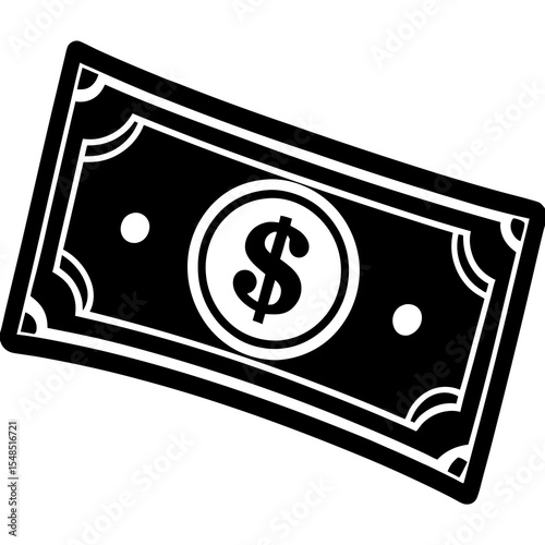 Black and white vector illustration of a dollar bill with a dollar sign on it symbolizing money finance and currency in a simple graphic design