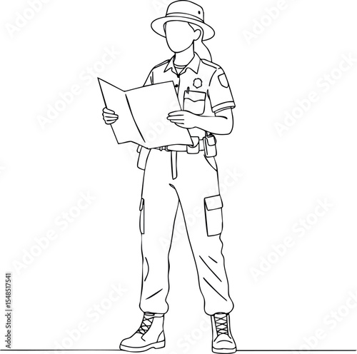 Soldier in uniform holding map vector illustration in line art style standing pose