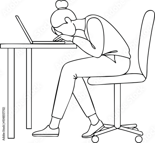 Woman Sitting at Desk with Laptop Feeling Tired or Stressed Vector Illustration