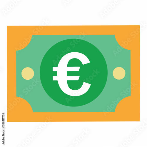 Euro Currency Illustration of a Single Bill with a Green Circle and White Euro Symbol Set on a Light Green Background with an Orange Border