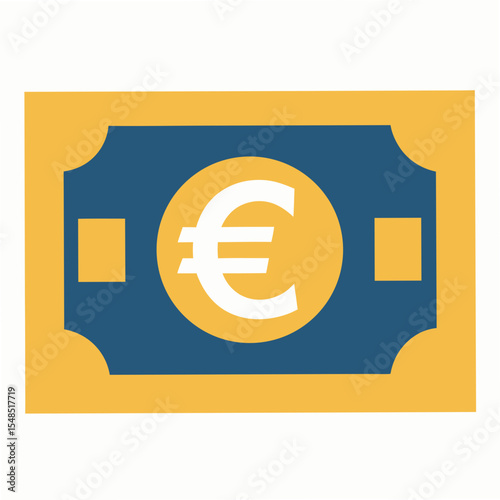 Stylized Euro Banknote Illustration with Gold Border and Blue Background Featuring a Prominent White Euro Symbol in the Center for Financial Concepts