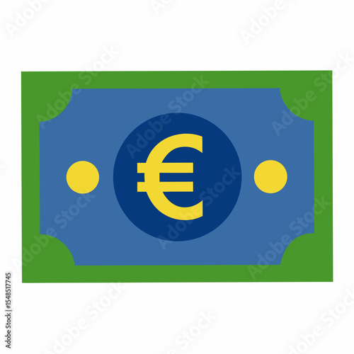 Stylized Euro Banknote Illustration with Green Border and Blue Center Featuring a Prominent Yellow Euro Symbol Suitable for Financial and Economic Themes