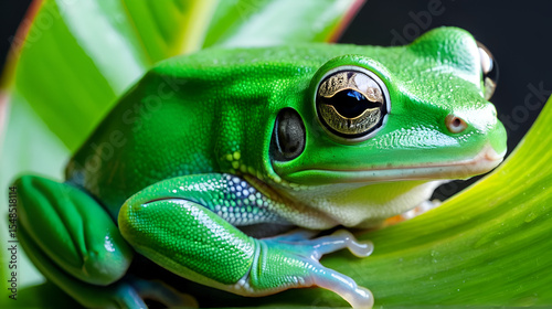 Closeup on a green colored Waxy monkey tree frog, Phylomedusa bicolor