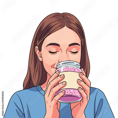 Woman Smelling a Jar of Homemade Preserves - Healthy Eating and Lifestyle Illustration