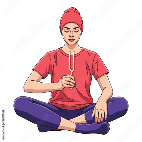 Woman Meditating with Tuning Fork for Sound Therapy and Relaxation Techniques