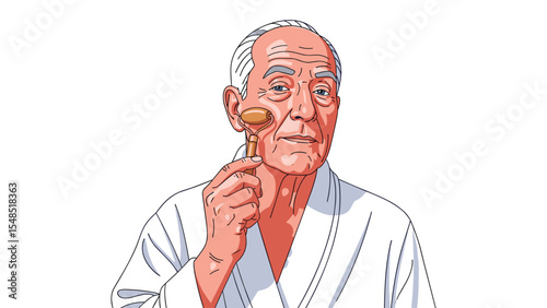 Illustration of senior man using face roller for skincare and anti-aging routine