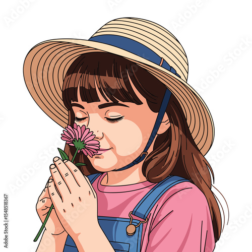 Girl in straw hat smelling a pink flower, cartoon illustration of childhood happiness