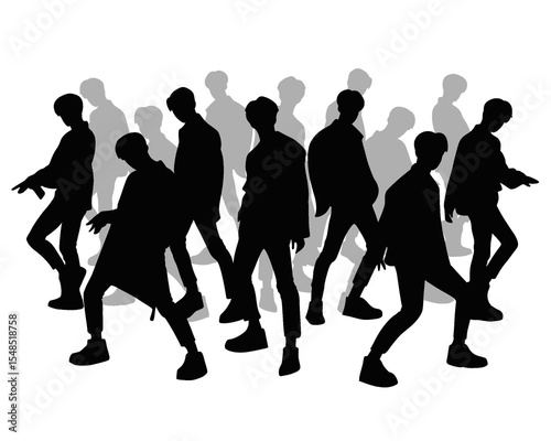 Male idol group silhouette, kpop idol dancing, icon isolated on white background
