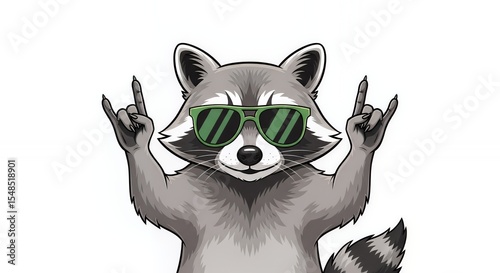 Cartoon Raccoon Wearing Green Sunglasses Doing Rock Hand Gesture