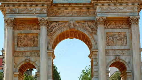 Arco della Pace crowned by a bronze quadriga presides over historic thoroughfare, Milan, Lombardy, Italy