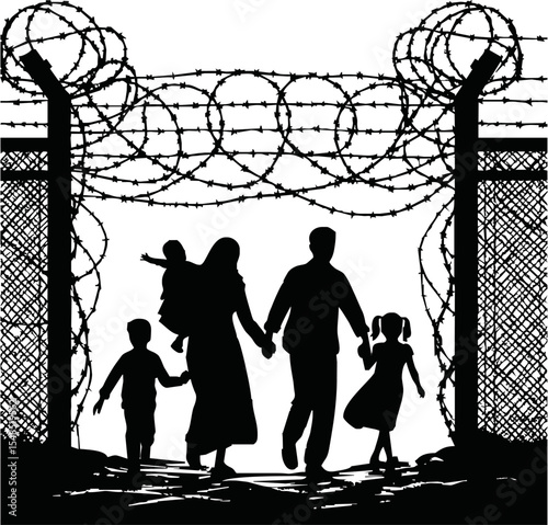 Refugee Group Silhouette. Banner with people crossing border with barbed wire, fleeing wars, poverty, humanitarian and natural disasters. Flat vector illustration isolated on white background