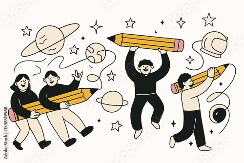 Creative People Drawing Outer Space with Giant Pencils – Fun Flat Cartoon Vector