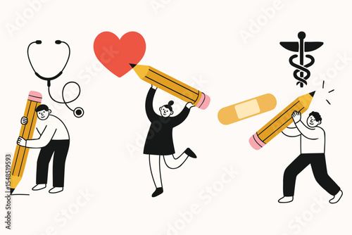 Creative Healthcare Illustration – People with Giant Pencils Drawing Heart, Medicine, and Care Symbols