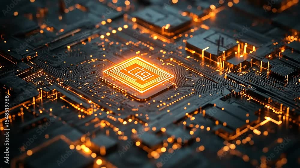 Futuristic microprocessor with glowing circuits on a dark background, symbolizing advanced technology