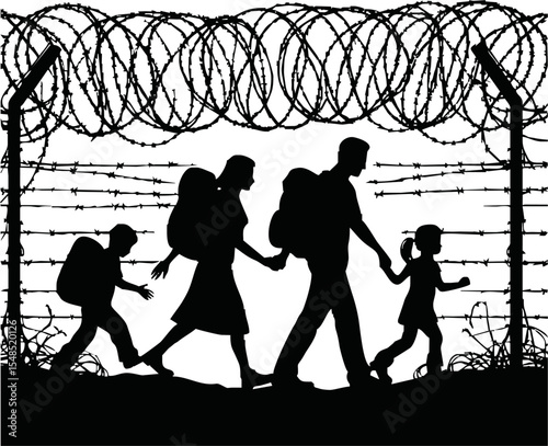 Refugee Group Silhouette. Banner with people crossing border with barbed wire, fleeing wars, poverty, humanitarian and natural disasters. Flat vector illustration isolated on white background