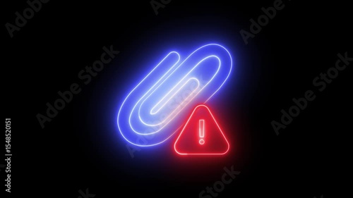Animation of a clip icon with a warning sign, with a neon light effect