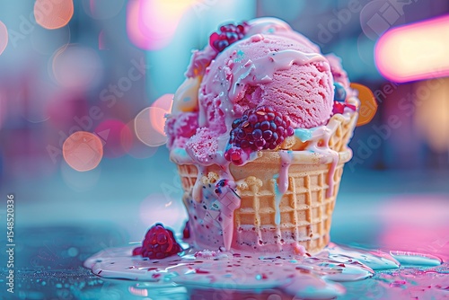 Colorful ice cream sundae melting in a waffle cone with urban lights in the background during summer evening