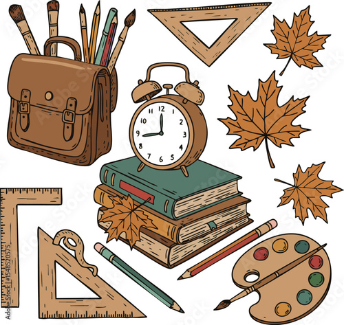 School supplies with autumn leaves and art tools vector illustration in warm brown tones 