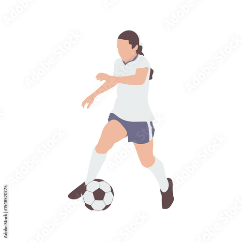 Female Soccer Player Dribbling Football in White Uniform – Flat Vector Icon
