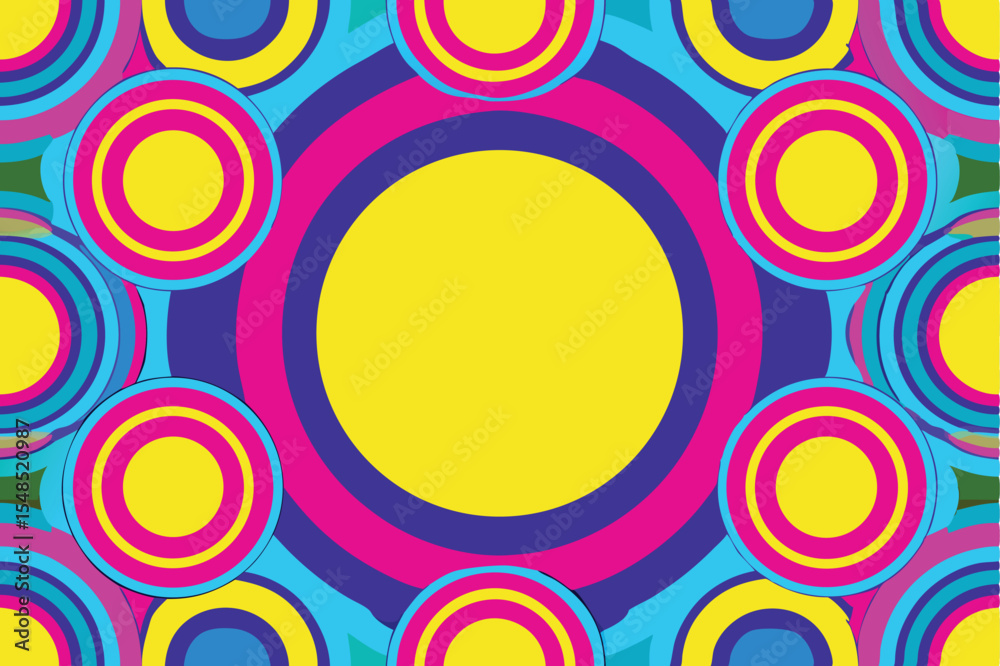 Fototapeta premium Vibrant Abstract Design with Overlapping Concentric Circles in Pink Yellow and Blue Hues.