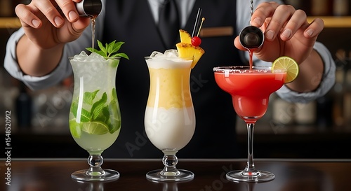 Bartender expertly crafting tropical cocktails, adding a final touch with measured precision