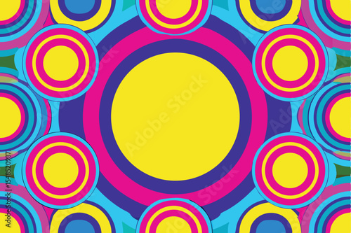 Vibrant Abstract Design with Overlapping Concentric Circles in Pink Yellow and Blue Hues.