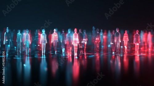 Digital Crowd Abstract Neon People Figures Futuristic Red Blue Glowing Light Technology Network Connection Modern Art Background Design Illustration 3d data human group style trend