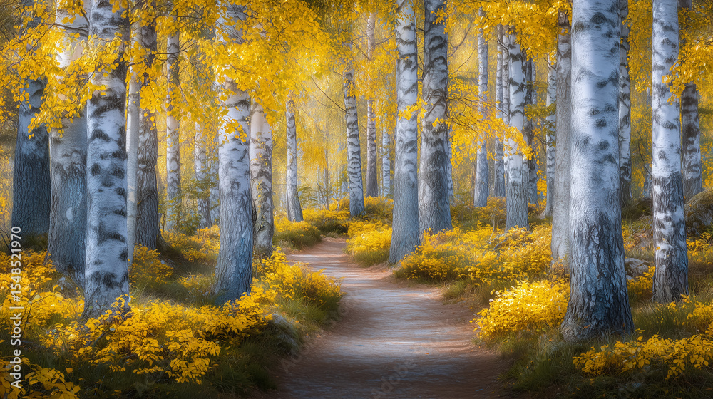 Obraz premium Walking along a winding path in a vibrant forest filled with golden foliage. Bright sunny day enhances colors, creating a tranquil outdoor setting